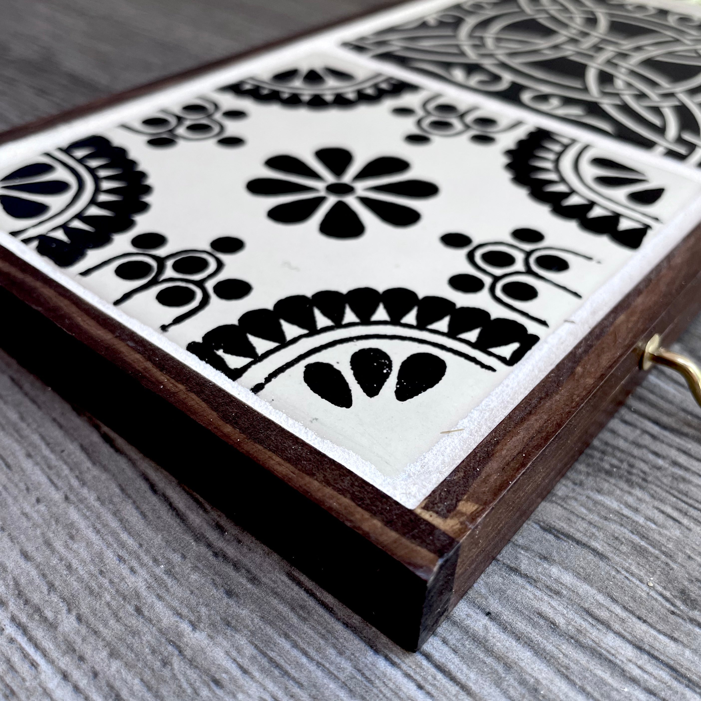 Black and Off-White Mexican Tile Key or Jewelry Hanger