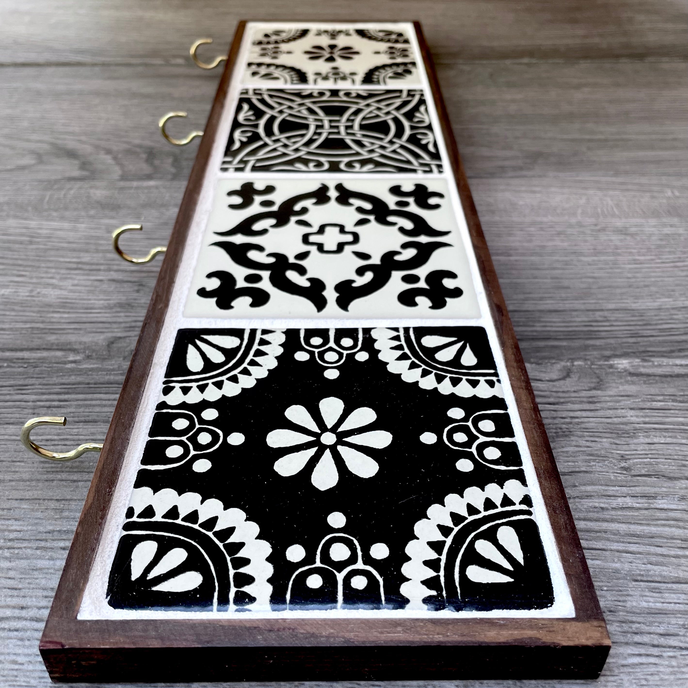Black and Off-White Mexican Tile Key or Jewelry Hanger